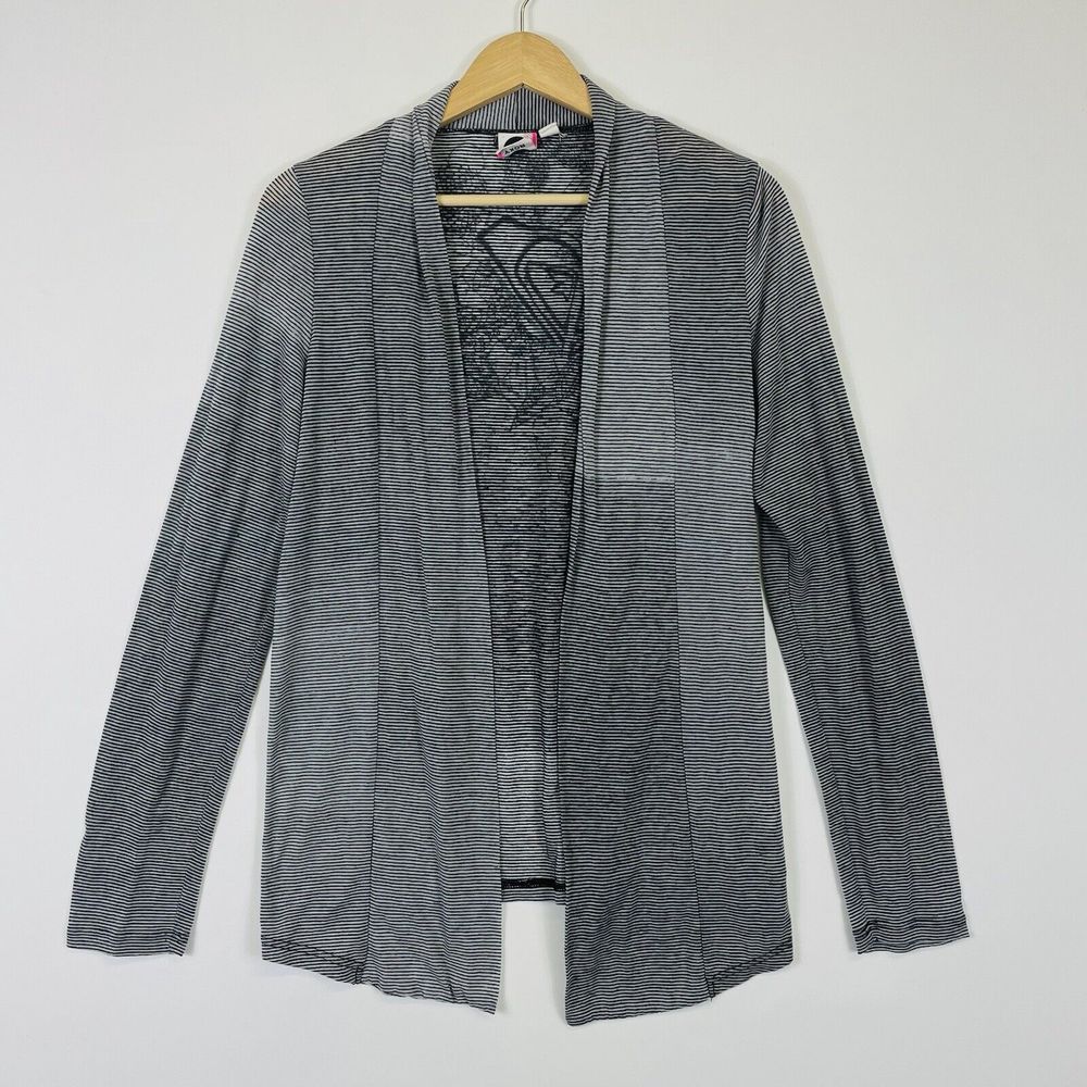 Roxy Womens Medium Logo Grey Black Stripe Lightweight Cardigan Y2K Surf Beachy